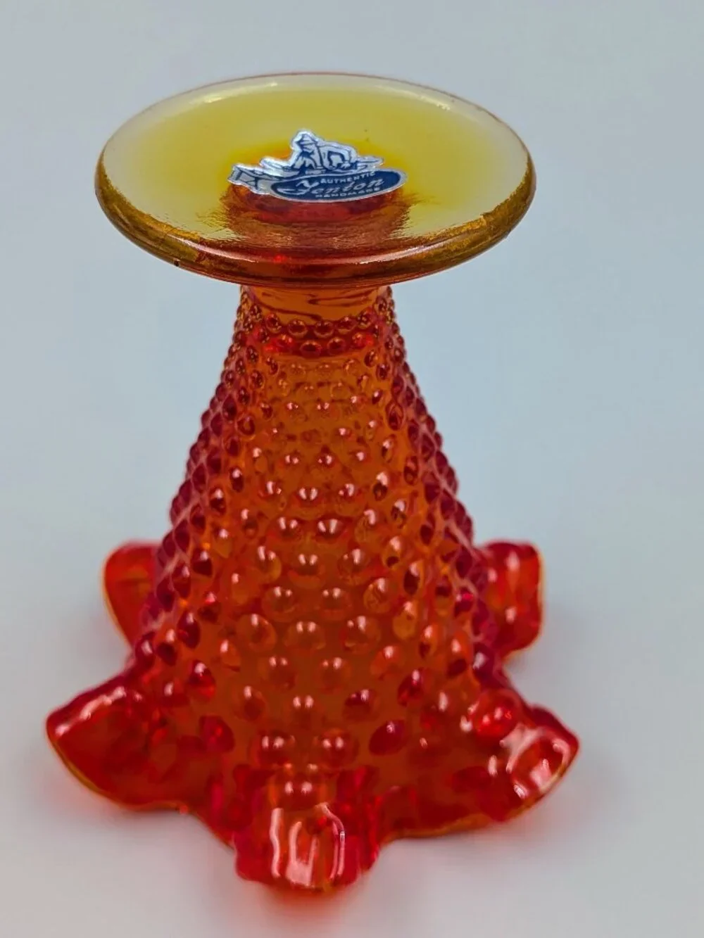 Vintage Fenton Amberina Hobnail Glass Mini Trumpet Vase  with Original Label